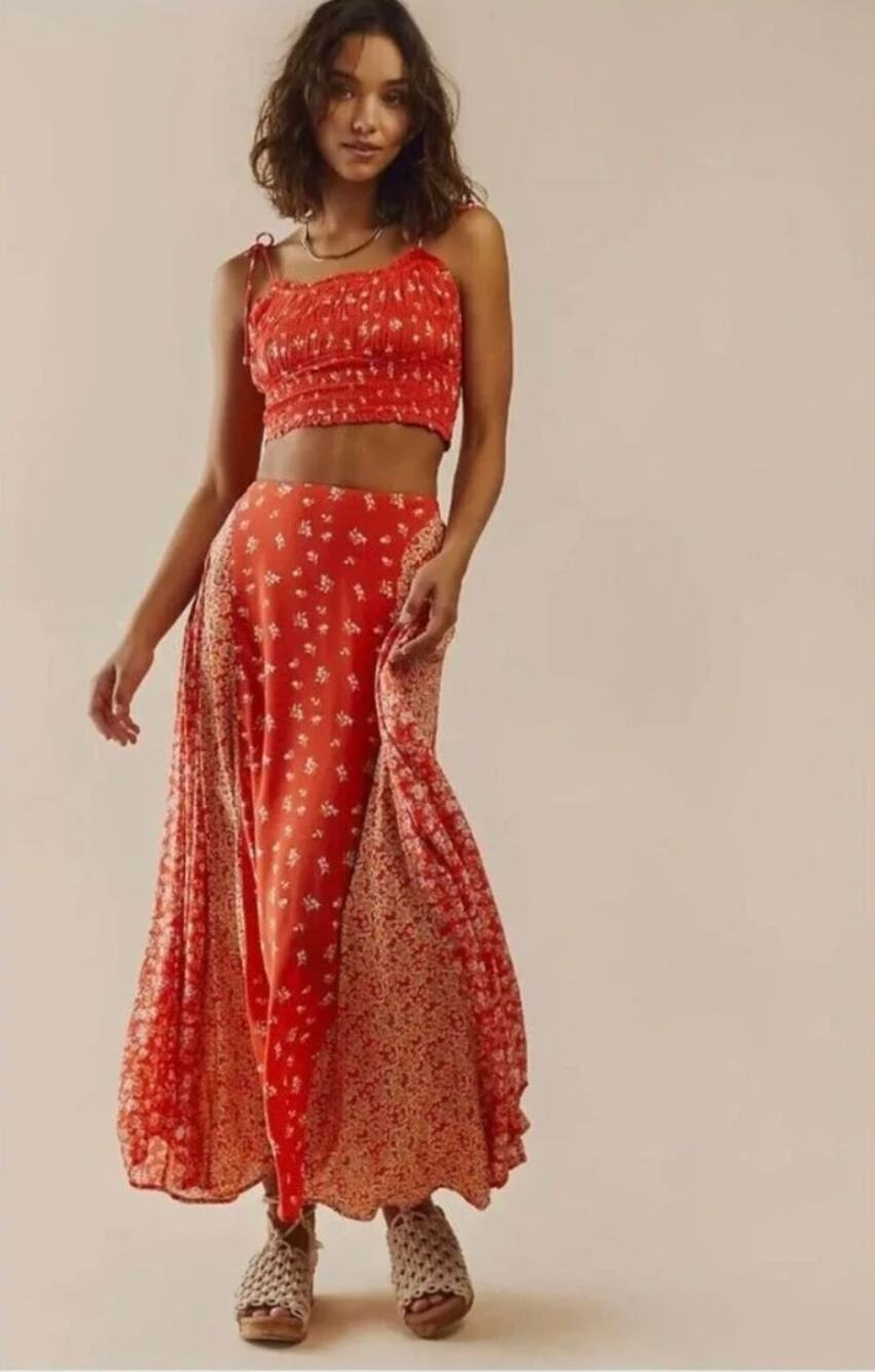 Free People Skirt Medium Kaia in Red Floral Maxi Full Flowy Boho Summer Hippie